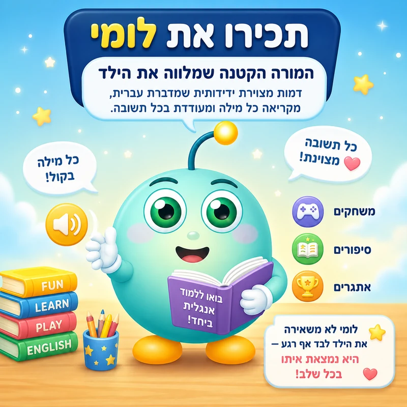 לומי — דמות מצוירת ידידותית שמלווה את הילד בלימוד אנגלית: מסבירה בעברית, מקריאה כל מילה ומעודדת בכל תשובה