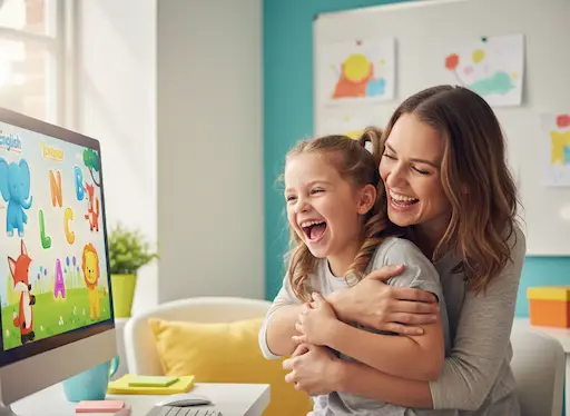 אמא ובת 7-8 צוחקות מול מסך מחשב עם תרגול אנגלית